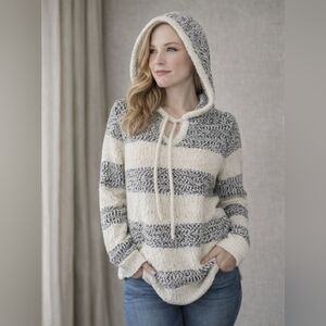 LOFT Bouclé Knit Hooded Sweater Hoodie Ivory Gray Large